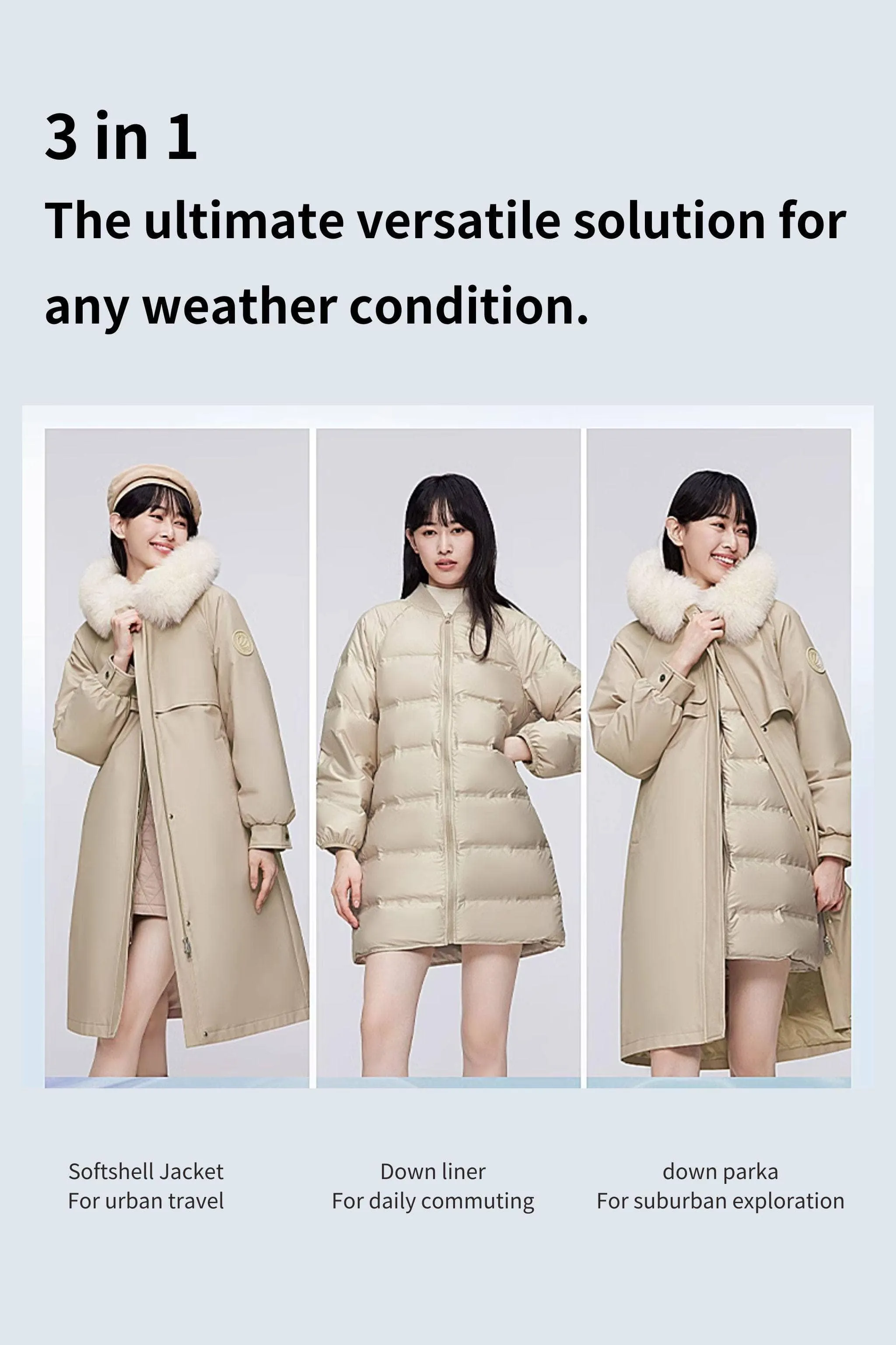 3-In-1 Knee Length Fox Fur Down Parka