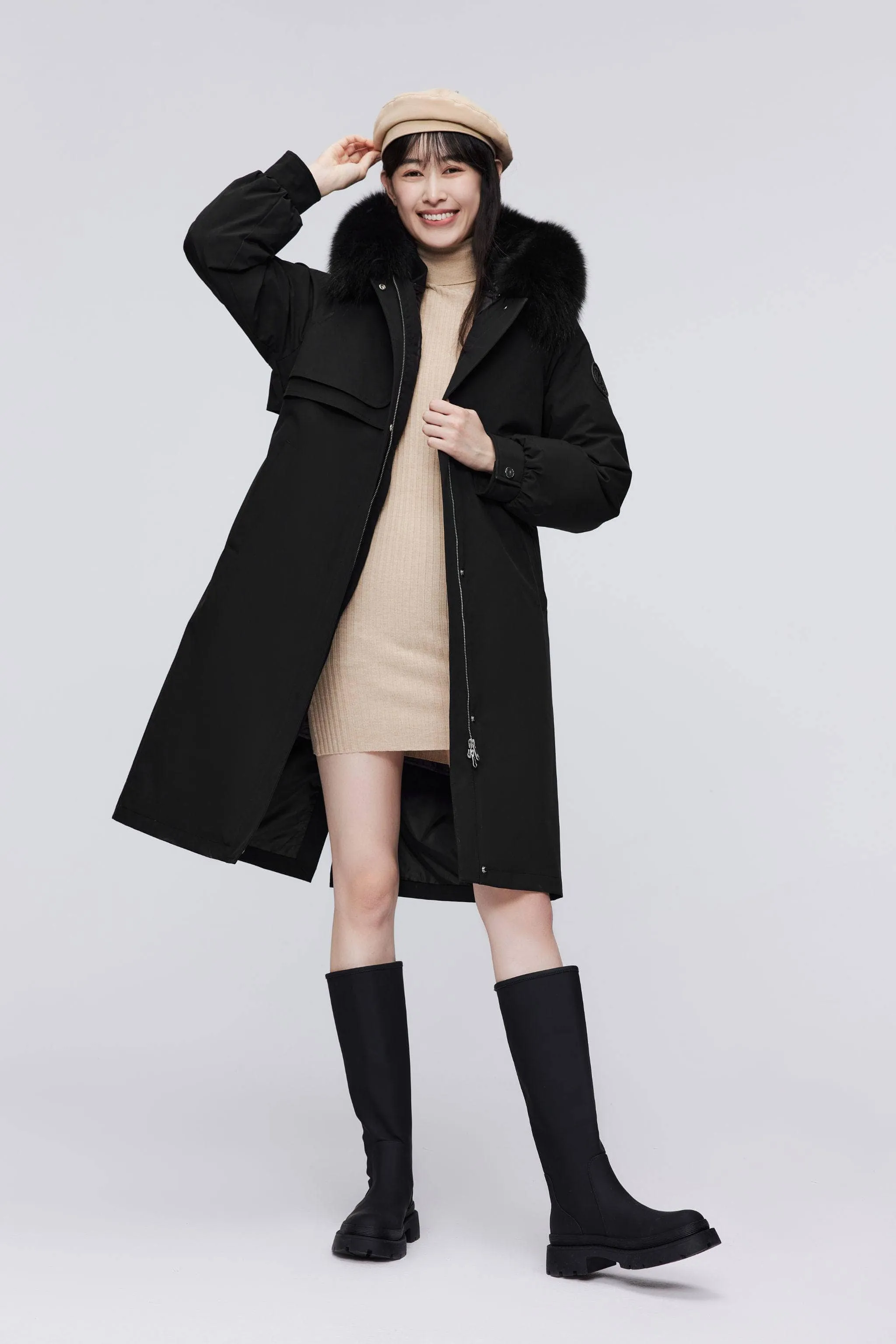 3-In-1 Knee Length Fox Fur Down Parka