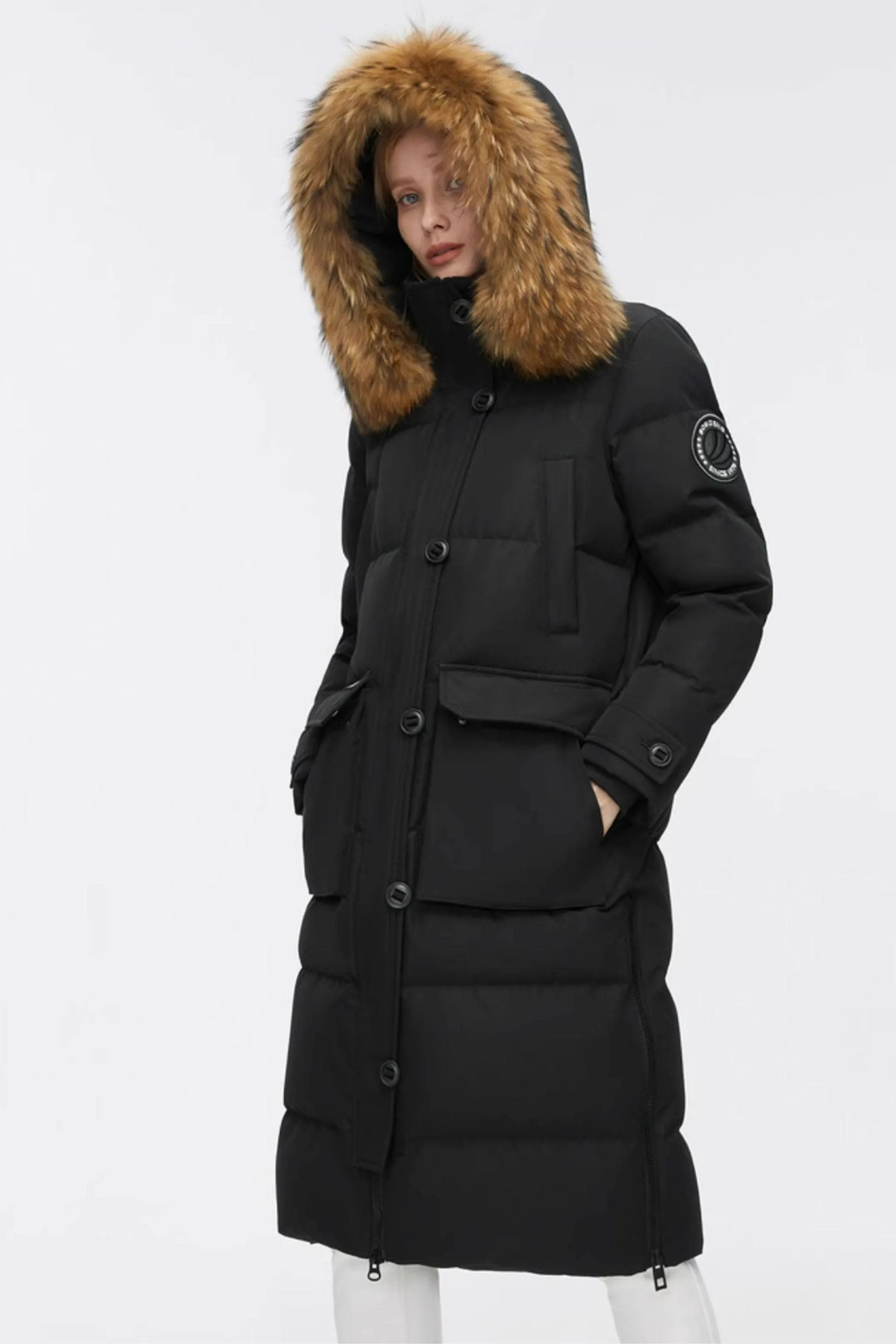 Long Goose Down Jacket With Removable Fur Hood