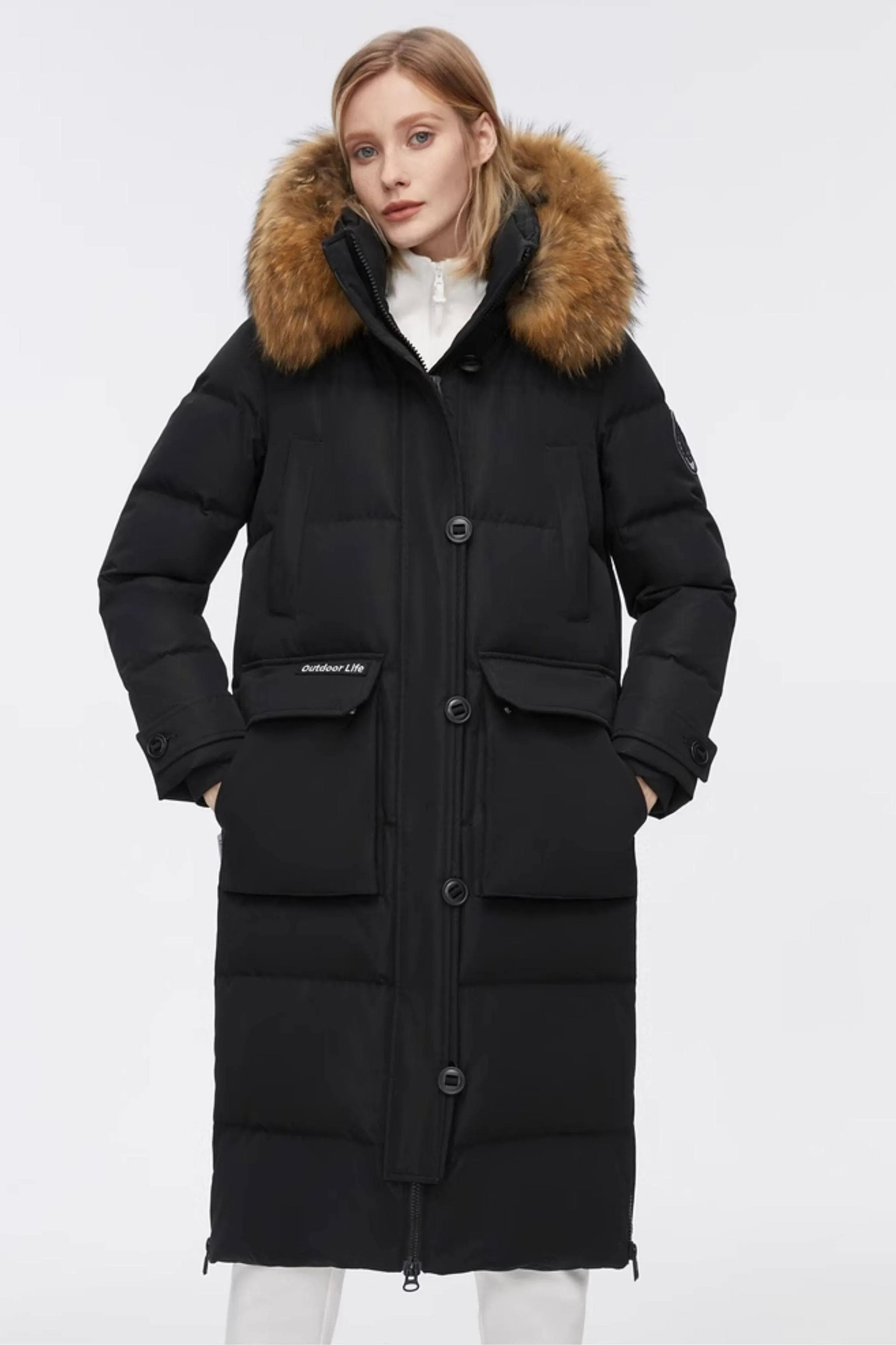 Long Goose Down Jacket With Removable Fur Hood