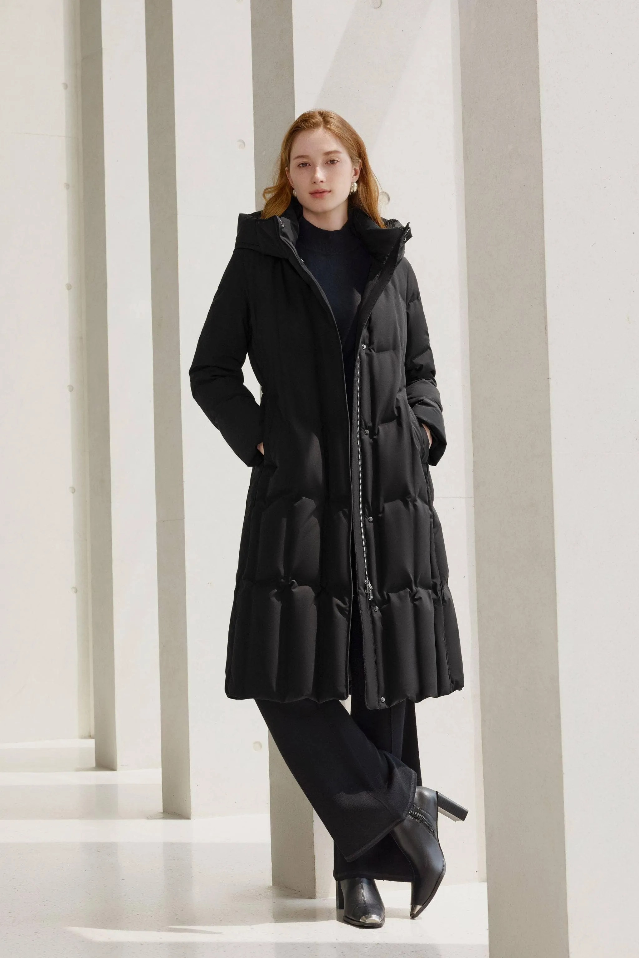 Women's Long Goose Down Coat With Elasticated Waist