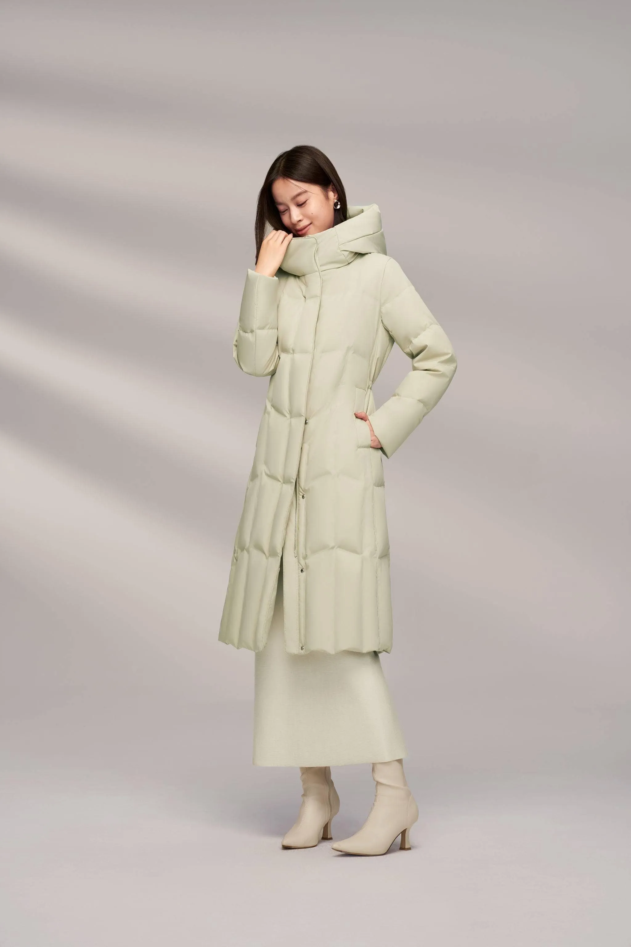 Women's Long Goose Down Coat With Elasticated Waist