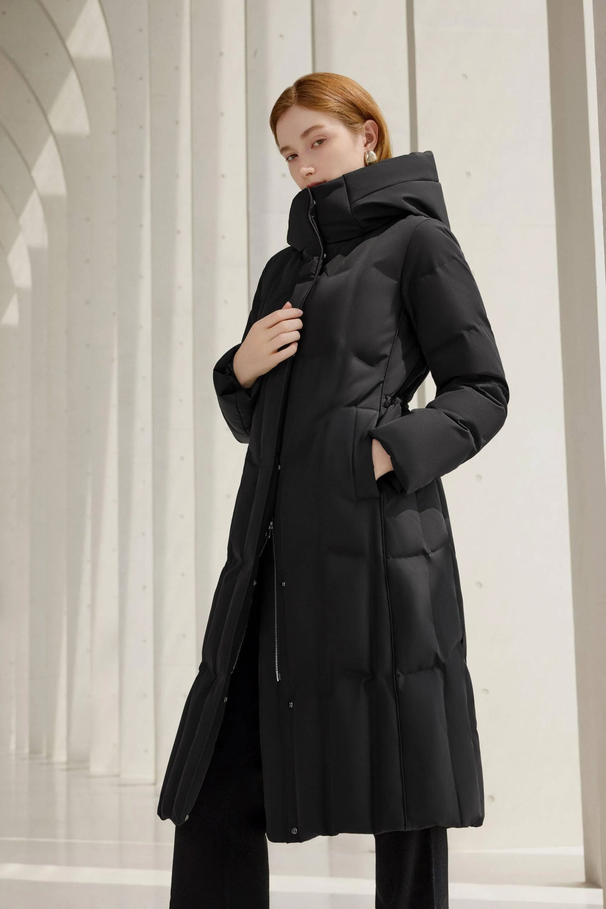 Women's Long Goose Down Coat With Elasticated Waist