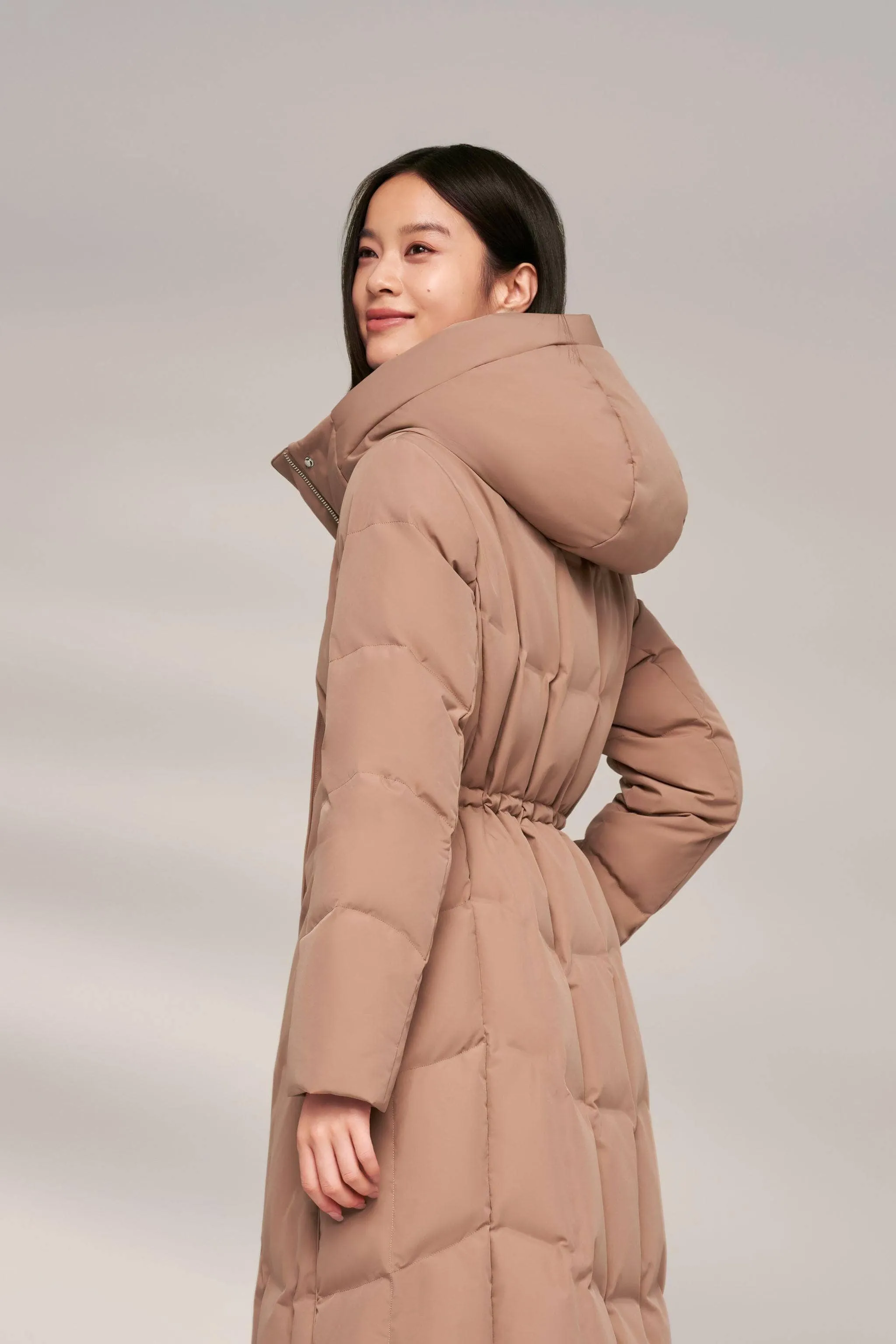 Women's Long Goose Down Coat With Elasticated Waist