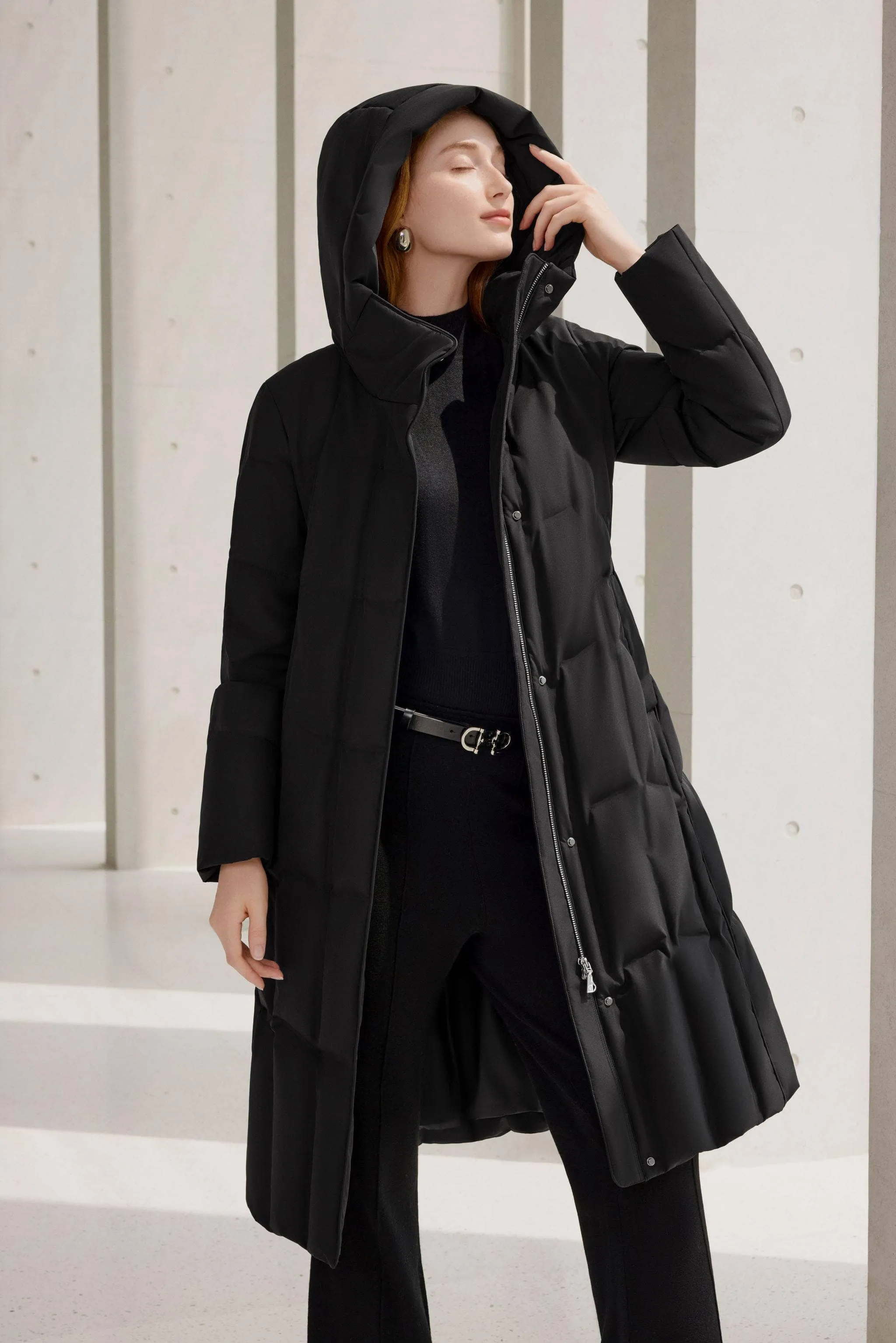 Women's Long Goose Down Coat With Elasticated Waist
